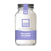 yogh relaxing body peeling powder with lavandin on white background
