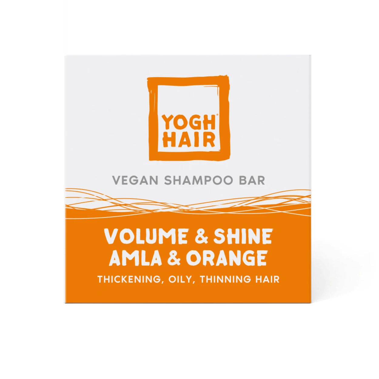 yogh hair volume and shine vegan shampoo bar with amla and orange on white background