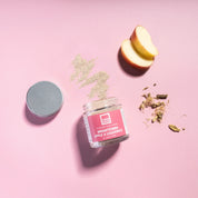 yoghskin brightening powder face mask with main ingredients on pink background