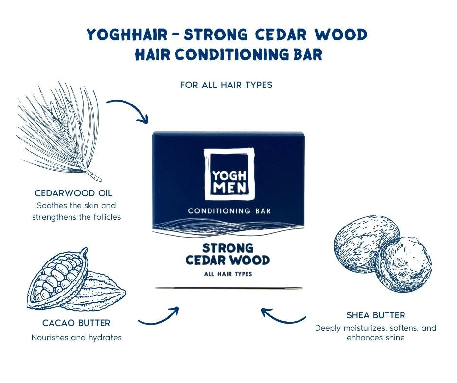 Cedarwood men conditioner in packaging with graphic illustration of ingredients
