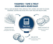 Tame and treat men hair mask in packaging with graphic illustration of ingredients