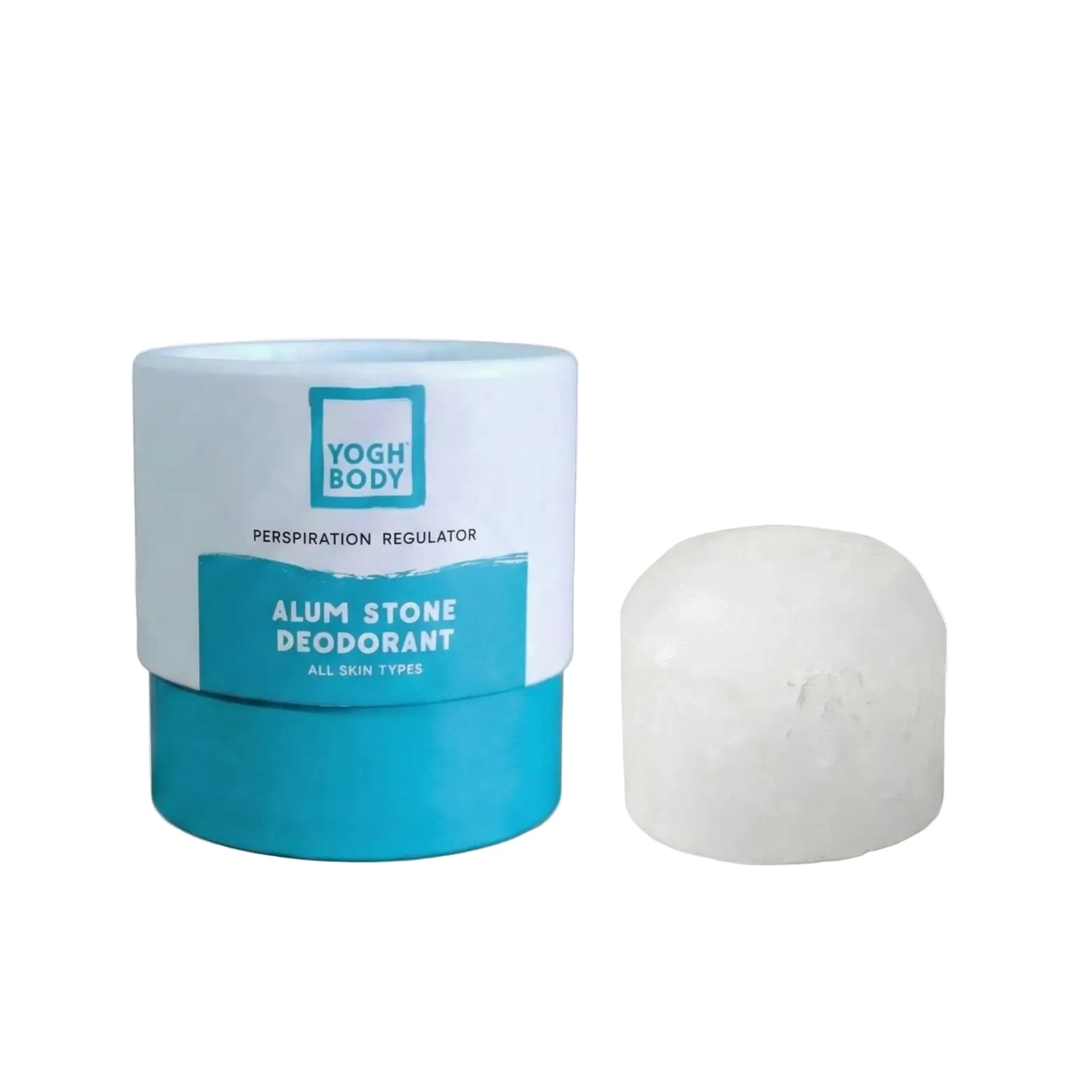 Alum stone deodorant on with YOGH packaging on white background
