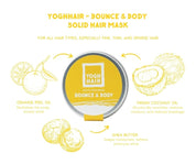 Bounce and body hair mask in packaging with graphic illustration of ingredients