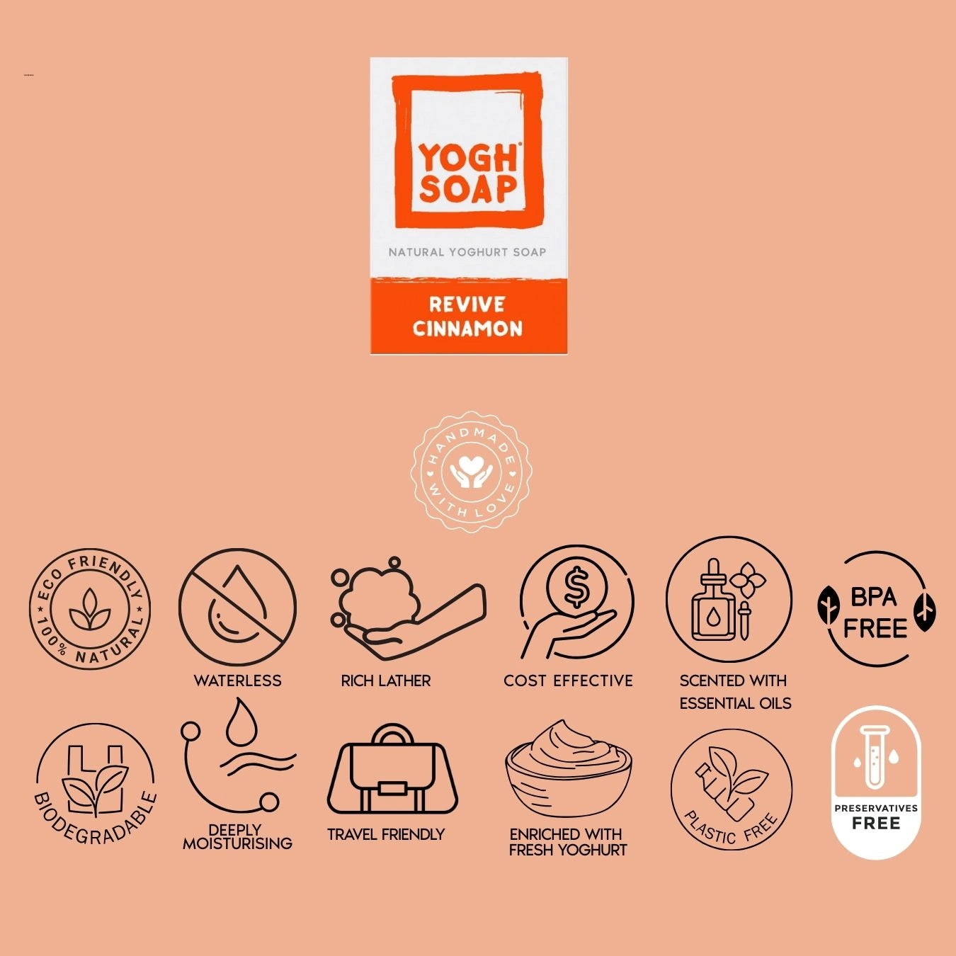 Cinnamon soap in packaging with cosmetics descriptive icons