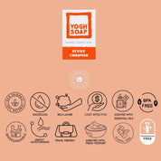 Cinnamon soap in packaging with cosmetics descriptive icons