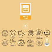 Citrus soap in packaging with cosmetics descriptive icons