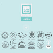 Eucalytptus soap in packaging with cosmetics descriptive icons