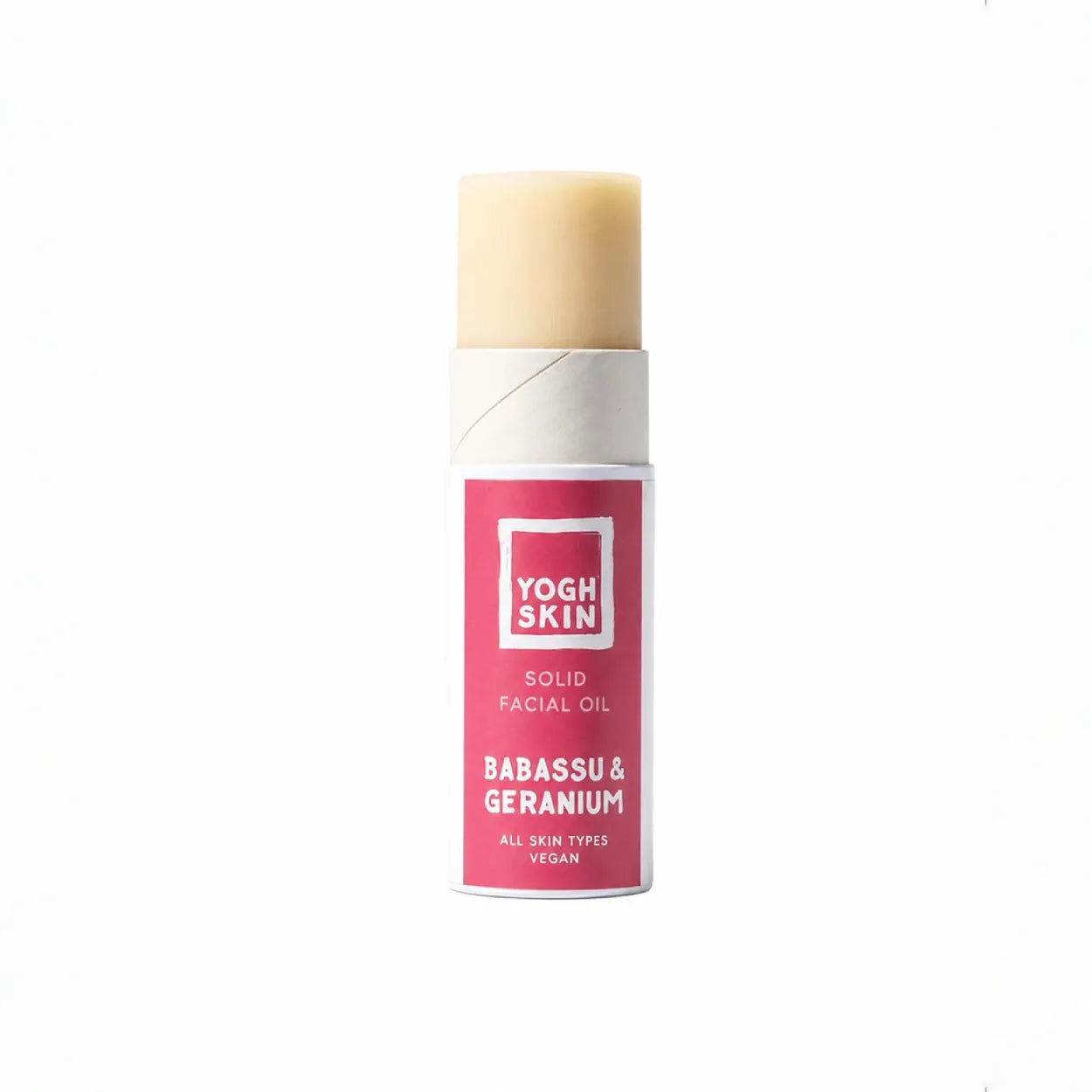 yoghskin solid facial moisturiser with babassu and geranium on white background without its cap