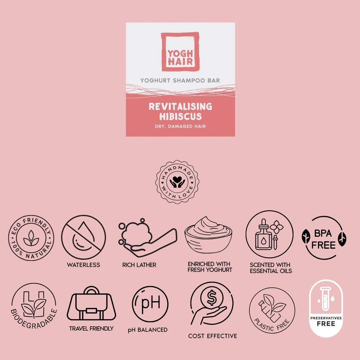 Hibiscus shampoo in packaging with cosmetics informational icons