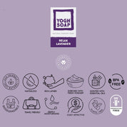 Lavander soap in packaging with cosmetics descriptive icons