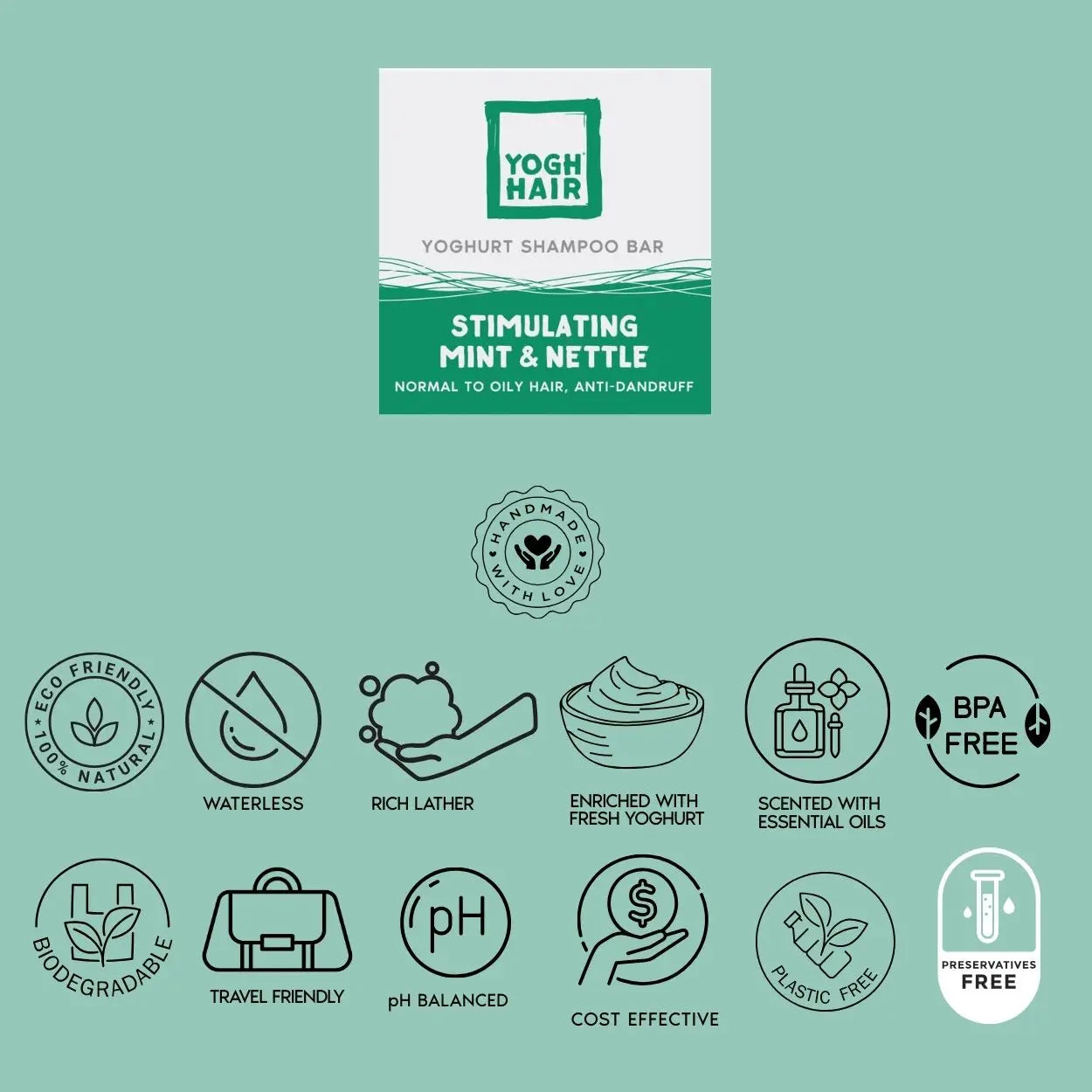 YOGHHAIR® Stimulating Solid Shampoo Mint and Nettle, 110g.