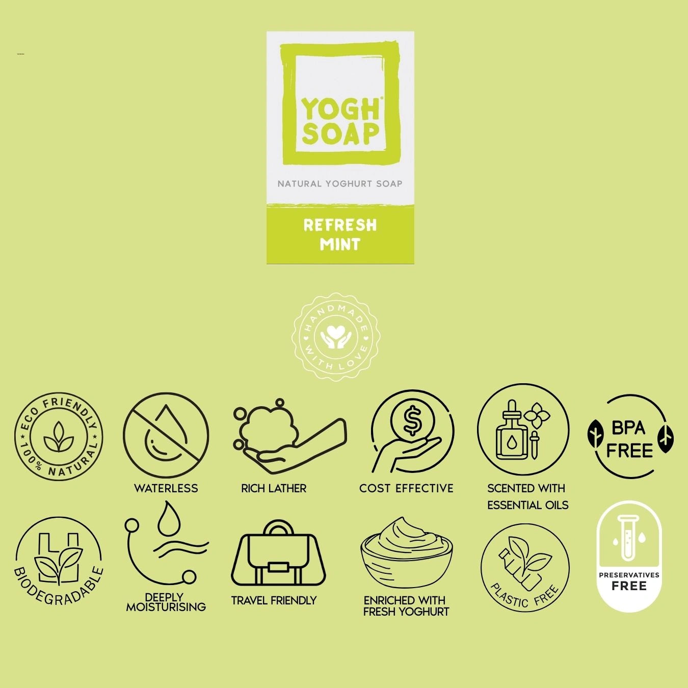 Mint soap in packaging with cosmetics descriptive icons