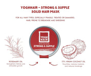 Strong and supple hair mask in packaging with graphic illustration of ingredients