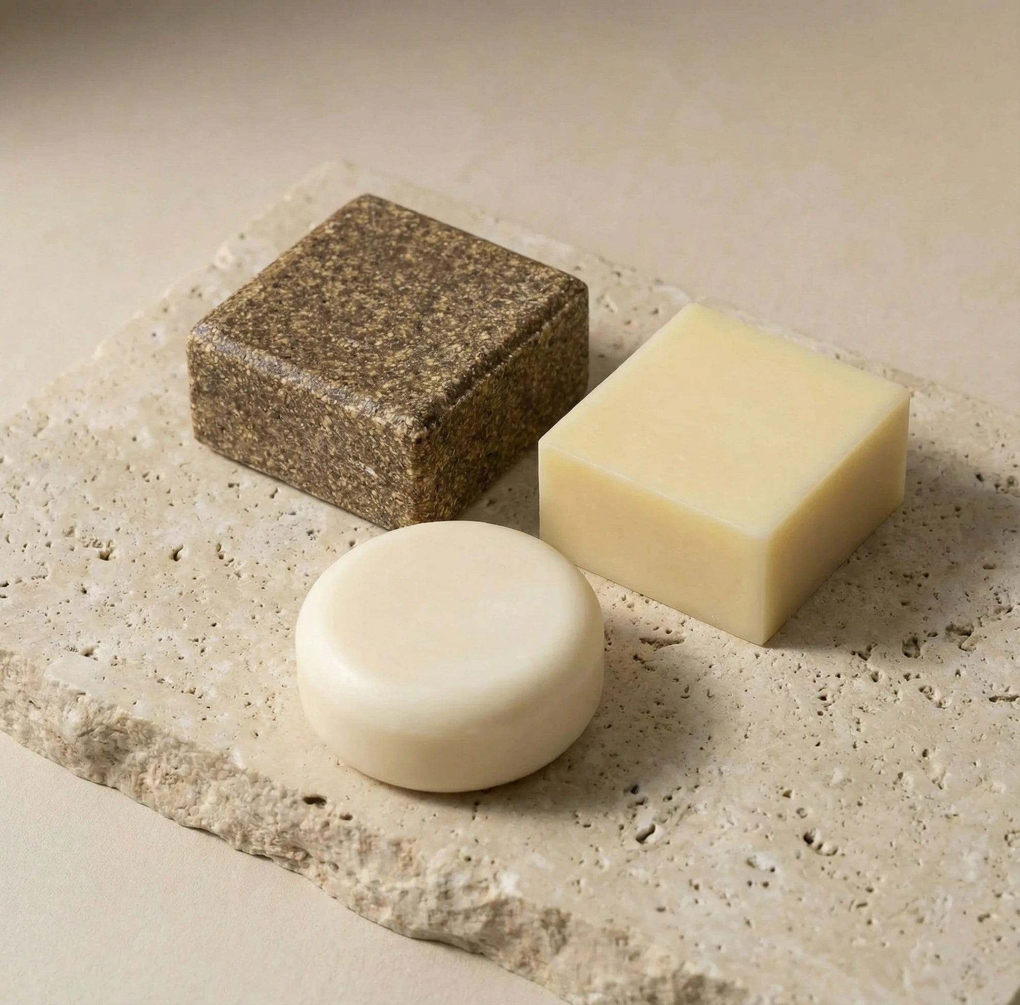 trio of waterless products: soap, shampoo, conditioner