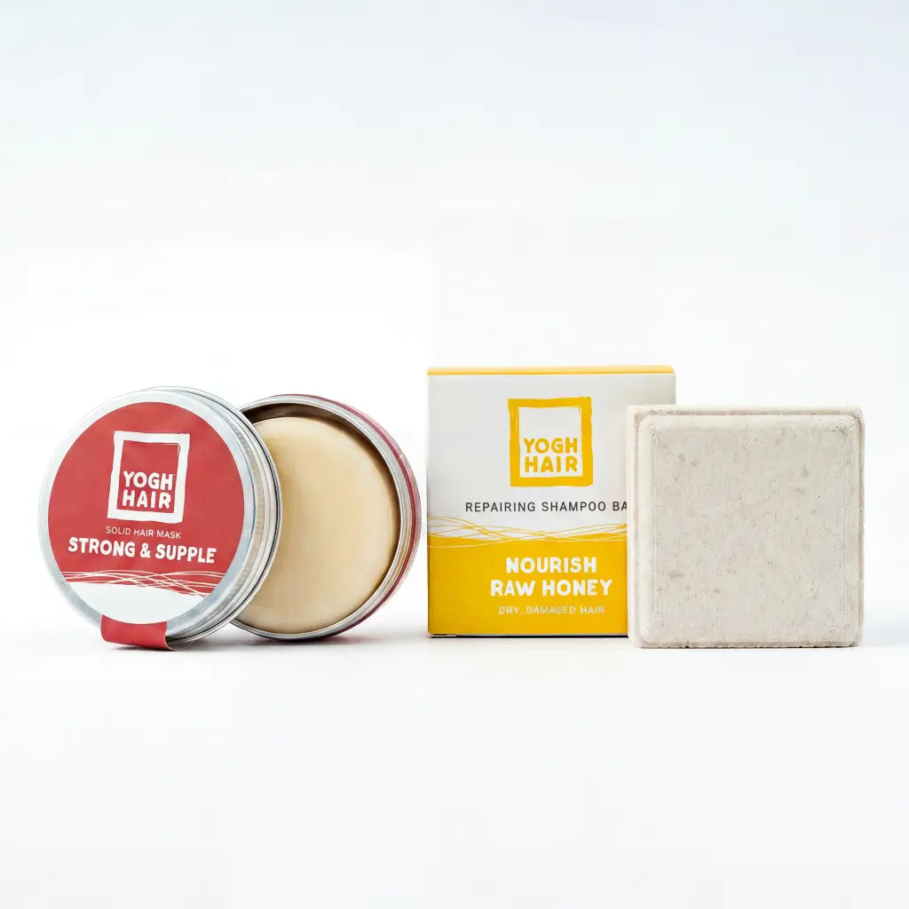 hair mask for strong hair and nourishing shampoo with raw honey placed next to each other and their packaging, on a white background