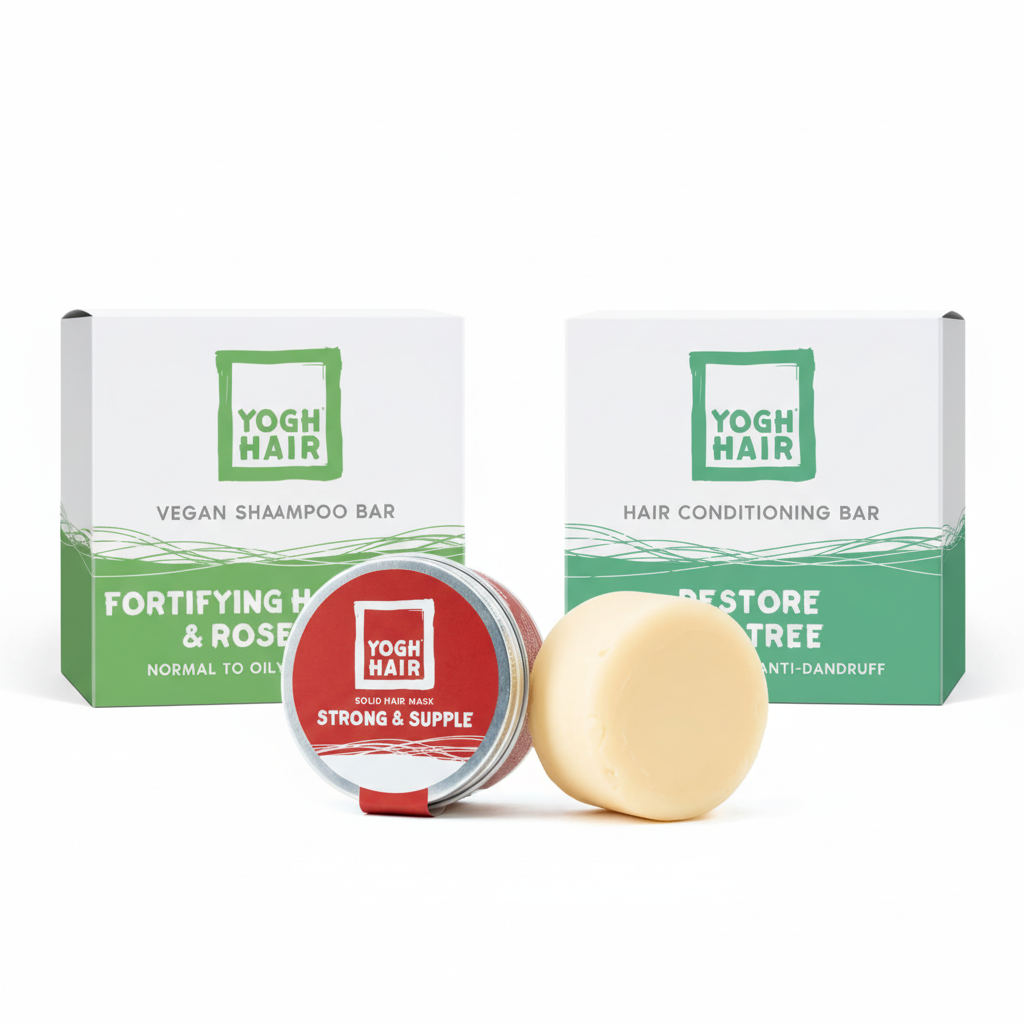 the three products composing the strong hair yoghhair bundle on a white background. the fortifying shampoo, the restoring conditioner and the hair mask.