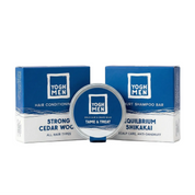 yoghmen three grooming and hair care product aligned next to eachother on white background