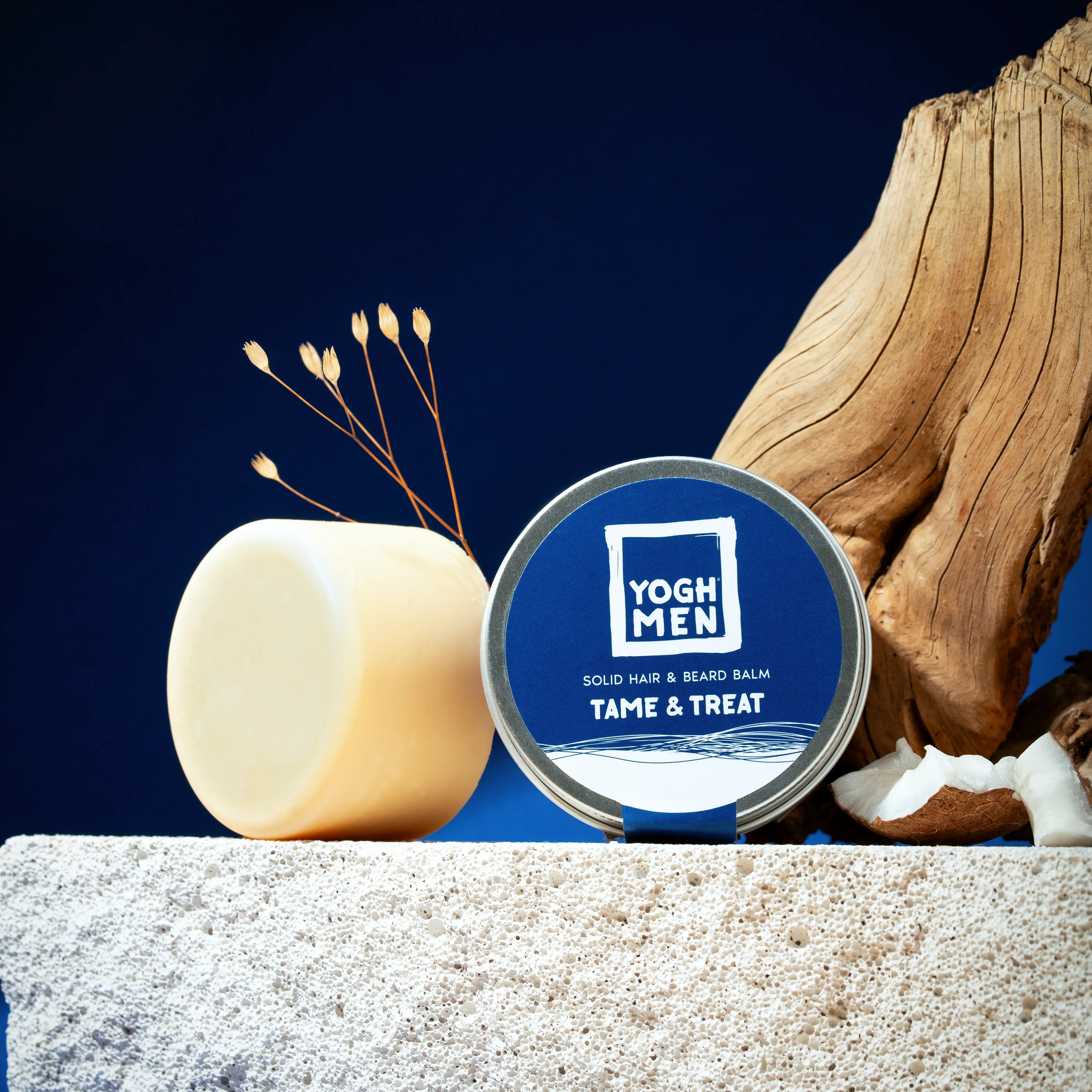 yoghmen solid hair and beard balm featured with its main ingredients cedar wood and virgin coco