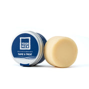 yoghmen solid hair and beard balm next to its packaging on white background 